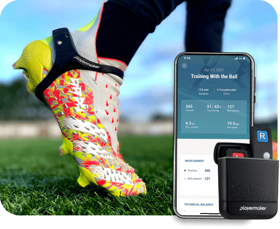 a playermaker strap mounted on a soccer shoe with tracking sensors and a screenshot of playermaker performance tracking app