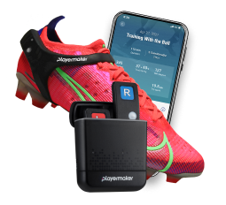soccer maker sensors with a soccer shoe and a screenshot of playermaker soccer tracking app for mobile
