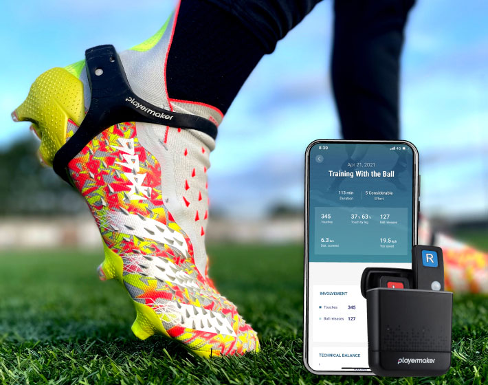 playermaker soccer tracking app screenshot on the mobile and a playermaker sensor mounted on a soccer shoe